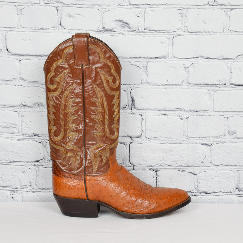 Vintage Orange & Brown JUSTIN Ostrich Leather Western Cowboy Boots - 6-1/2 D