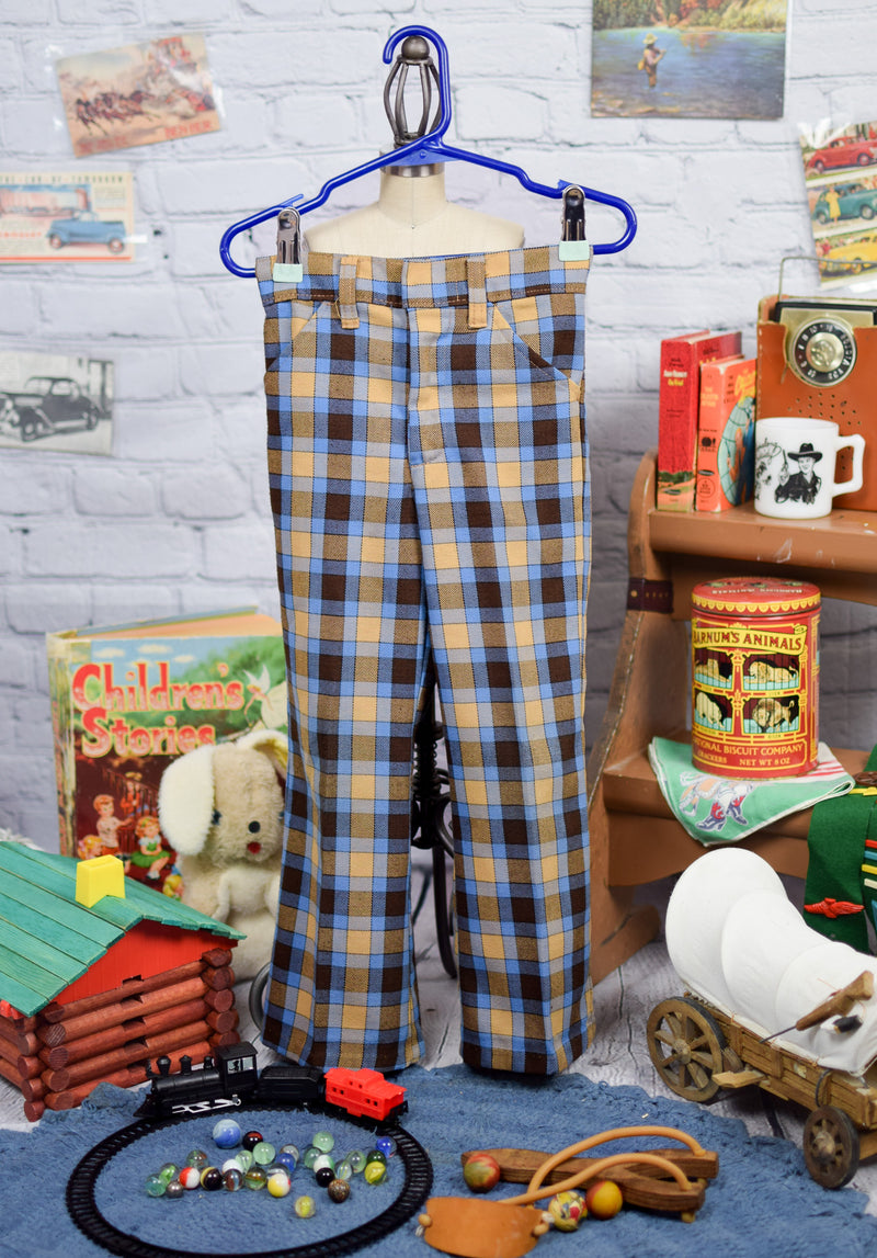 Boy's Vintage Brown & Blue Plaid Pants - 5