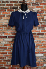 Vintage 60s Dark Blue J.J. PETITE Polyester Fit & Flare Dress w/ Tie - 10