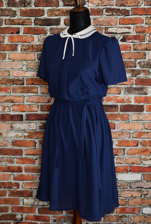 Vintage 60s Dark Blue J.J. PETITE Polyester Fit & Flare Dress w/ Tie - 10