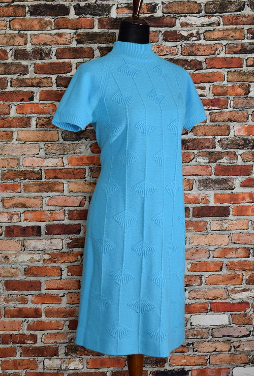 Vintage 60's Turquoise Blue BENNY'S CO. Knit Geometric Textured Shift Dress - 38