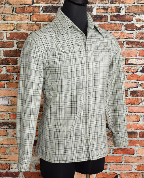 Vintage 80's Grey & Black Plaid UNBRANDED Western Snap Button Long Sleeve Shirt Jacket