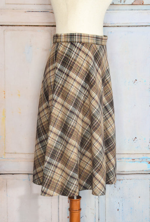 Vintage 80s Brown Plaid MS. PAQUETTE Wool A-line Midi Skirt