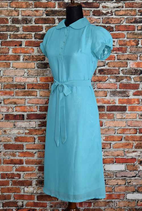 Vintage 90's Turquoise MIKAROSE Polyester Midi Dress w/ Tie - S