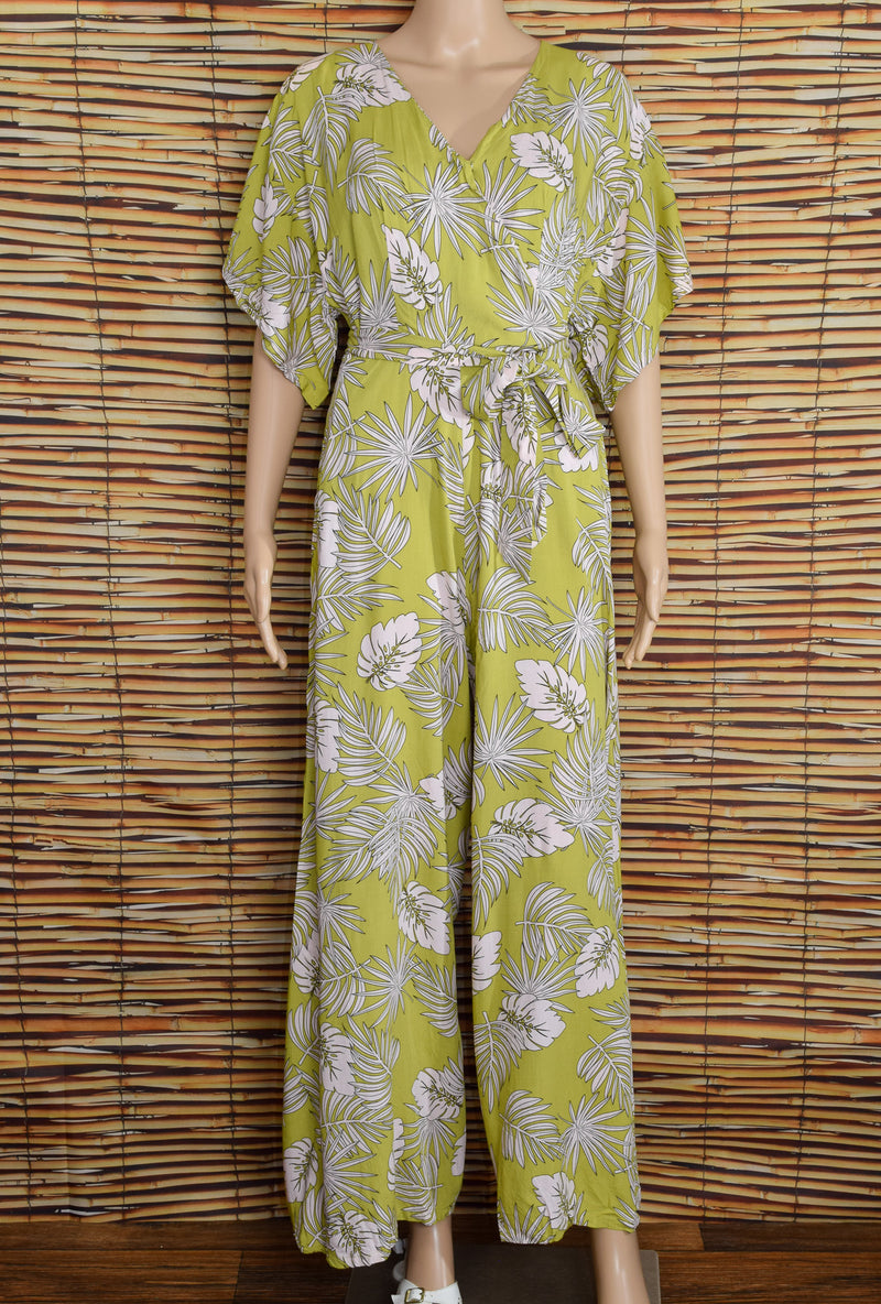 COLLECTIF x MODCLOTH Lime Green Palm Fronds Palazzo Pant Jumpsuit w/ Tie Belt - S
