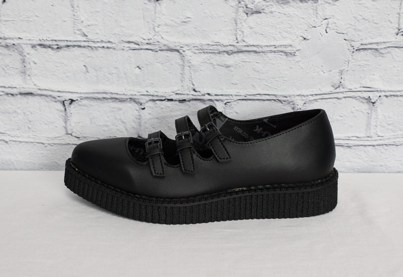 New In Box T.U.K. FOOTWEAR Women's Black TUK skin Pointed 3-Strap Mary Jane Shoes
