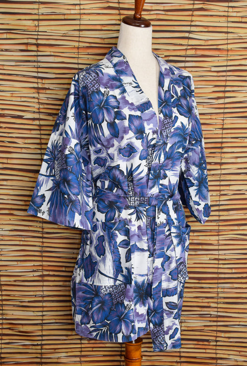 Women's Vintage Blue/Purple Hawaiian Floral Made in Hawaii Robe w/ Tie - One Size