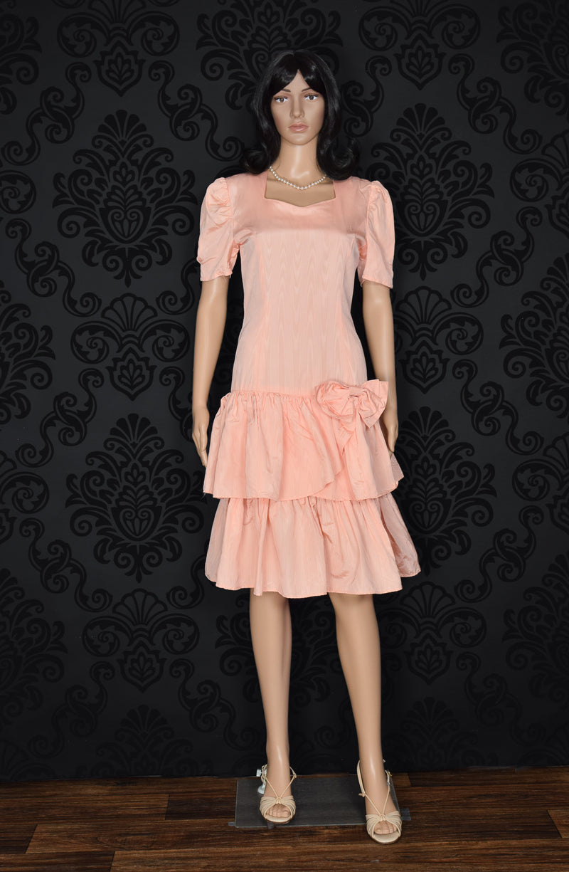 Vintage 80's Peachy Pink UNBRANDED Moire Taffeta Drop Waist Dress