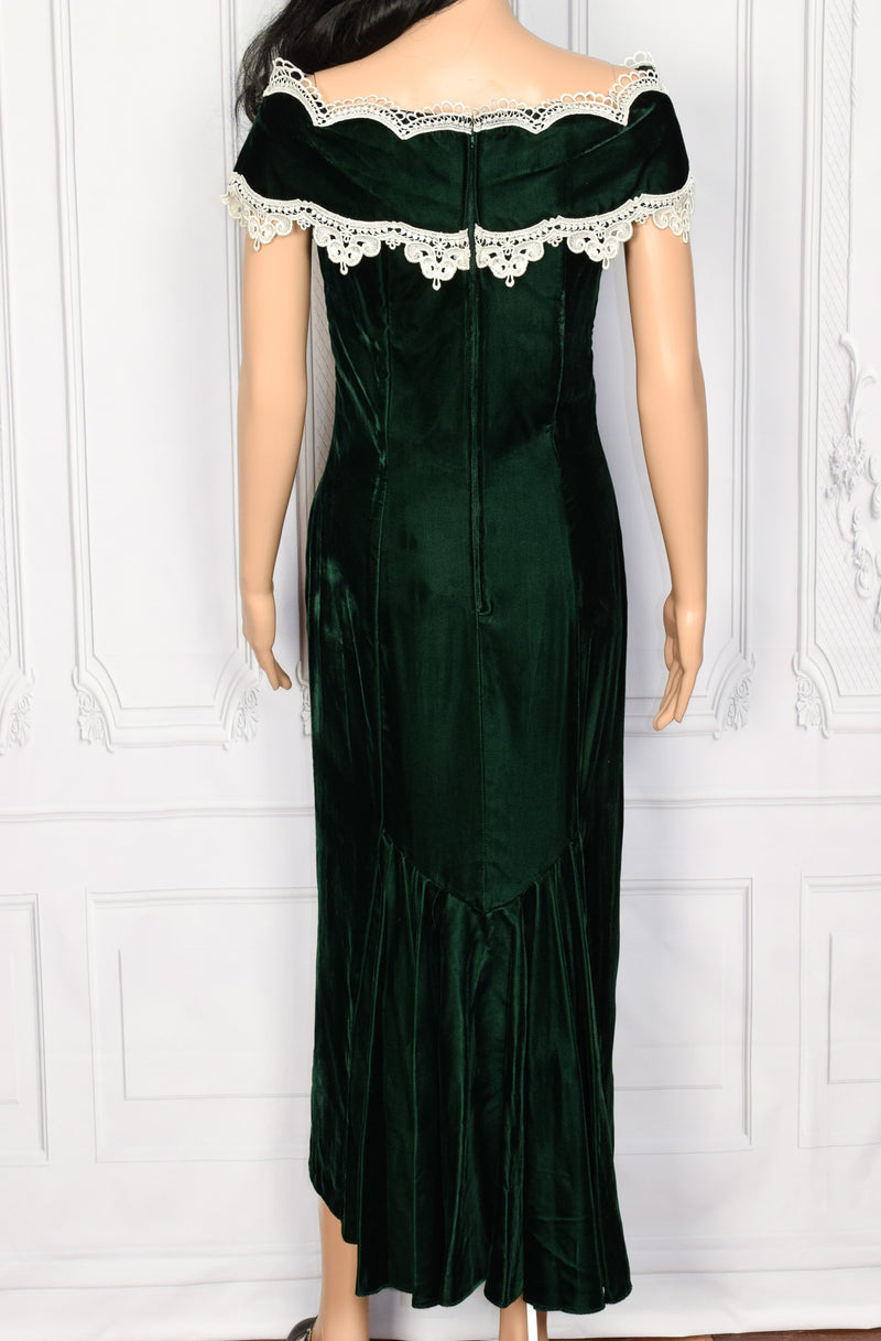 Vintage 90's Green Velvet JESSICA McCLINTOCK Off-the-Shoulder Lace Dress - 11/12