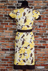 Vintage 90's Yellow & Brown Floral JODY CALIFORNIA Fit & Flare Dress w/ Waist Tie - 14