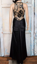 Vintage Black JESSICA McCLINTOCK Ruched Satin Deep V-Neck Back Lace to Waist w/ Train Formal Maxi Dress - 4