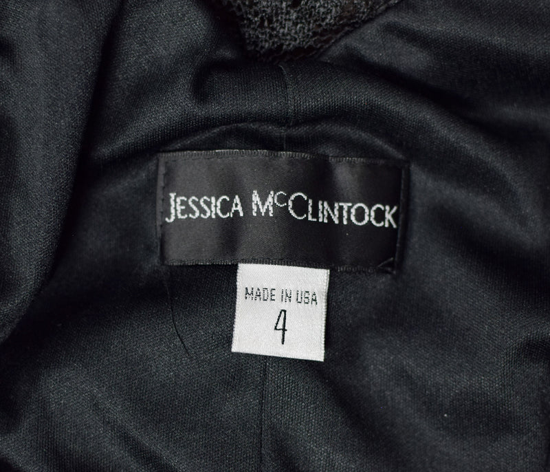 Vintage Black JESSICA McCLINTOCK Ruched Satin Deep V-Neck Back Lace to Waist w/ Train Formal Maxi Dress - 4