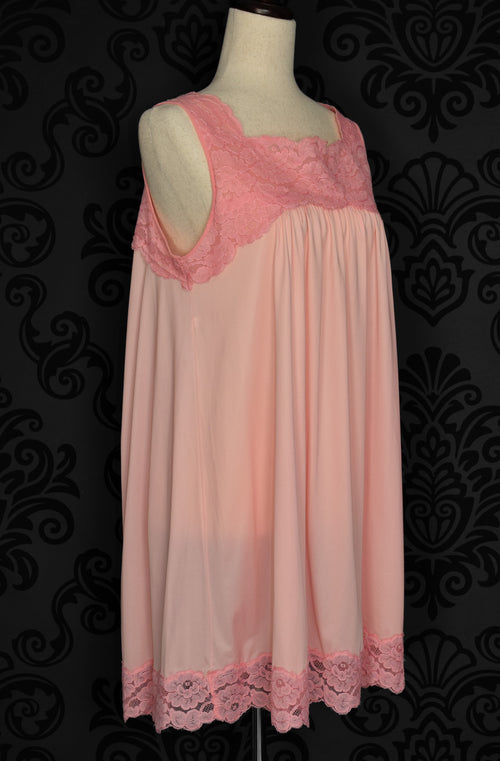 Vintage 60s Pink SHADOWLINE Nylon Mini Nightgown w/ Lace Detailing - M