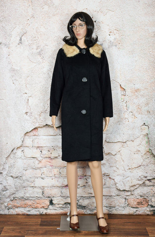 Vintage 50s/60s Black UNBRANDED Wool Dress Coat w/ Fur Collar
