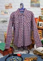 Boy's Wrangler Orange & Blue Plaid Long Sleeve Snap Button Western Shirt - L (10-12)