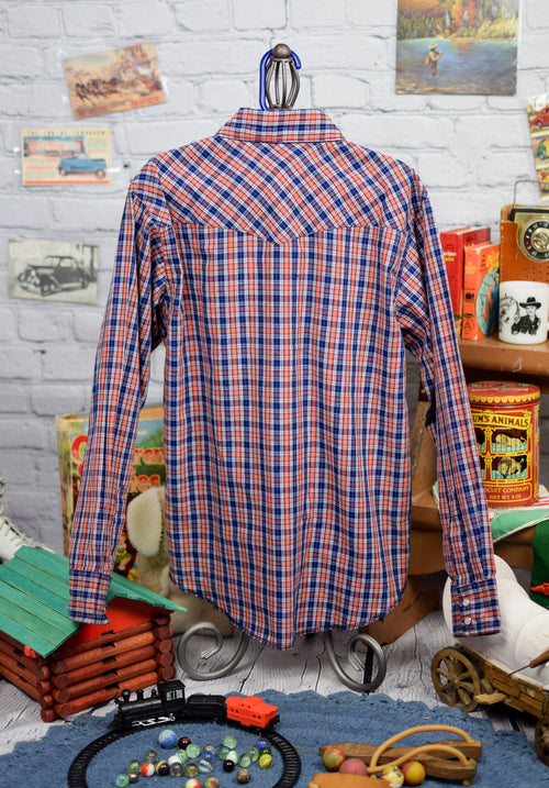 Boy's Wrangler Orange & Blue Plaid Long Sleeve Snap Button Western Shirt - L (10-12)