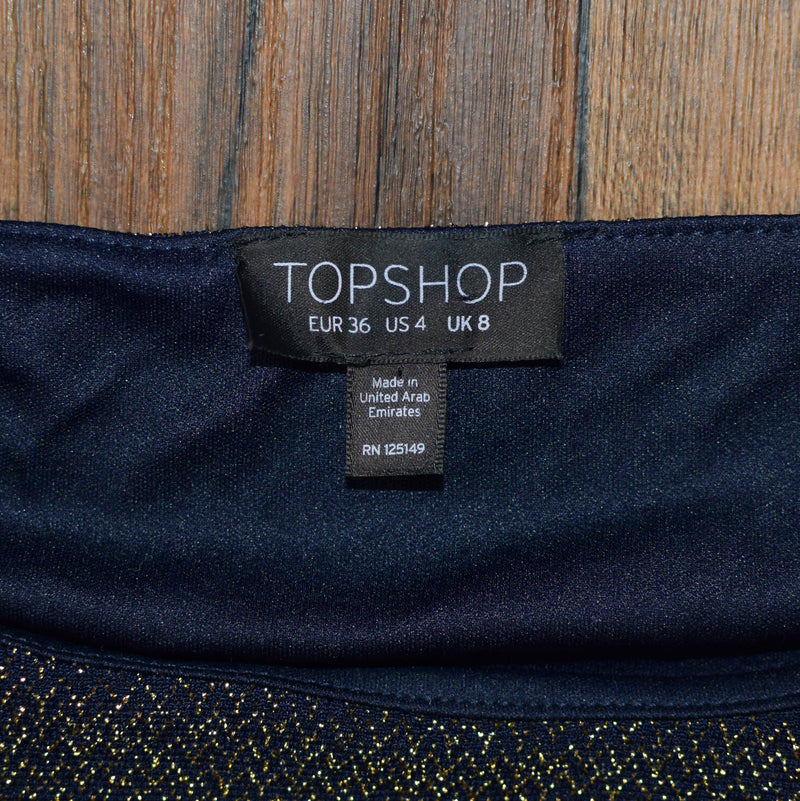 Dark Blue & Gold TOP SHOP Chevron Tinsel Detailing Long Sleeve Bodycon Dress - US 4