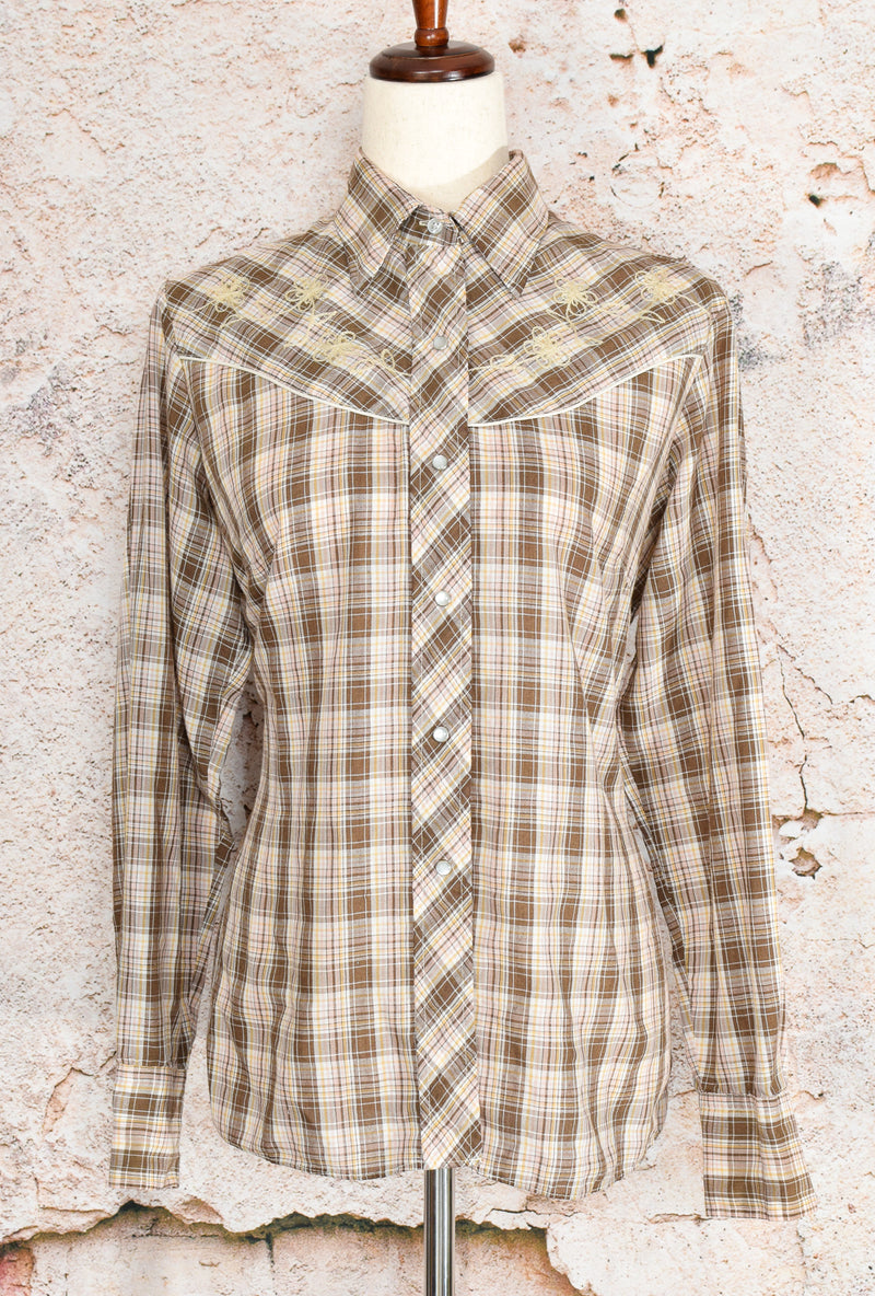 Vintage 70's Brown/Pink Plaid MILLER WESTERN WEAR Snap Button Western Shirt