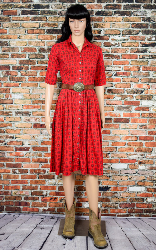 Vintage 70's Red Geometric Print JONATHAN LOGAN Button Up Prairie Dress w/ 3/4 Sleeves