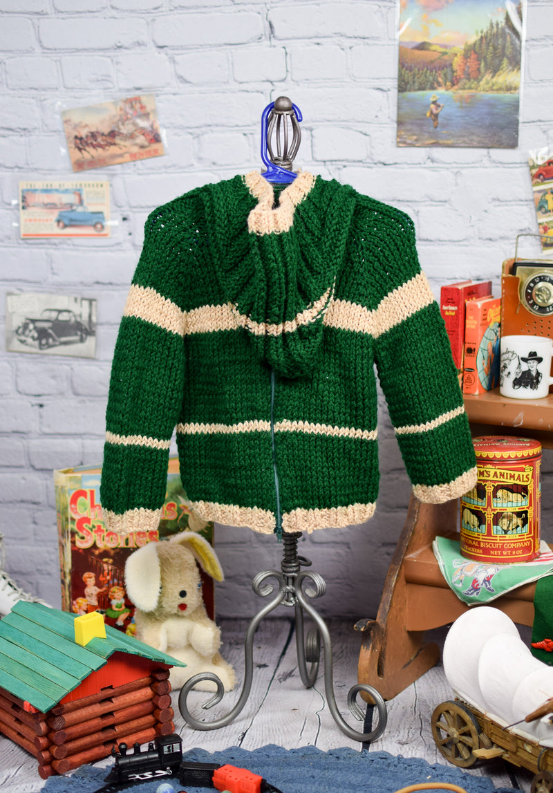 Boy's Green and Brown Hand Knit Sweater w/ Hoodie & Backside Zipper