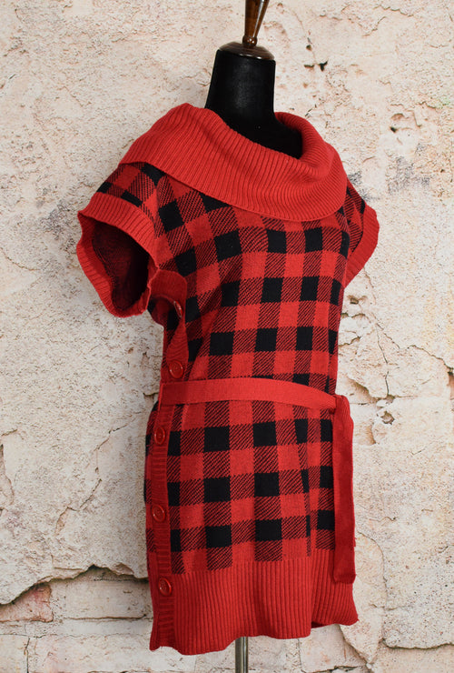 Black/Red Plaid ADMIT ONE Cowl Neck Knit Sweater Dress - L