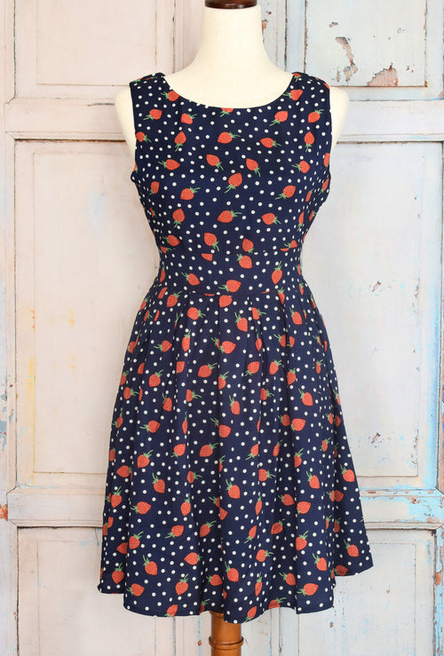 New w/ Tags UNIQUE VINTAGE 1960s Navy & Red Strawberry Dot Fit & Flare Dress - S