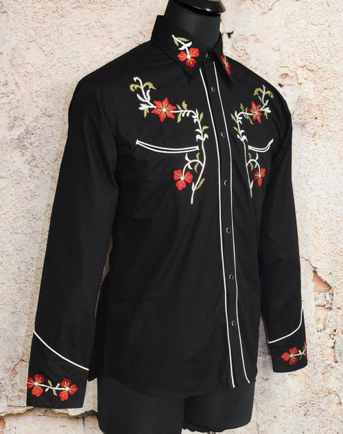NWT - RELCO LONDON X RED STAR RODEO  Black Western Flower Embroidered Shirt