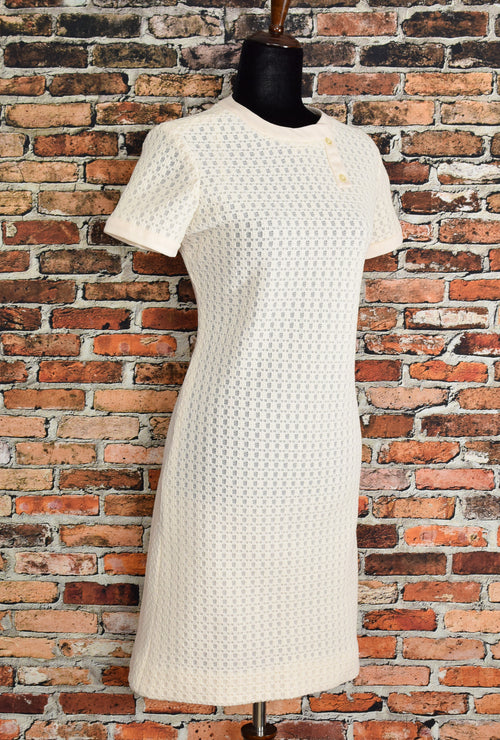 Vintage 60's Cream Colored PLW Polyester Knit Short Sleeve Dress