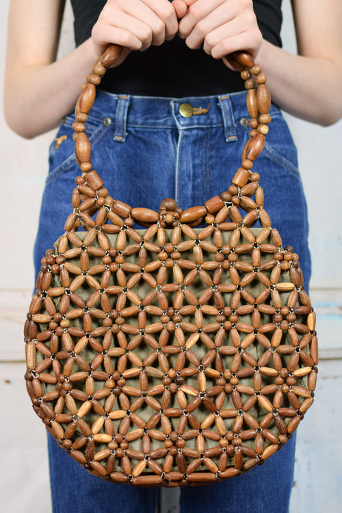 Vintage Brown Floral Wooden Beaded Handbag