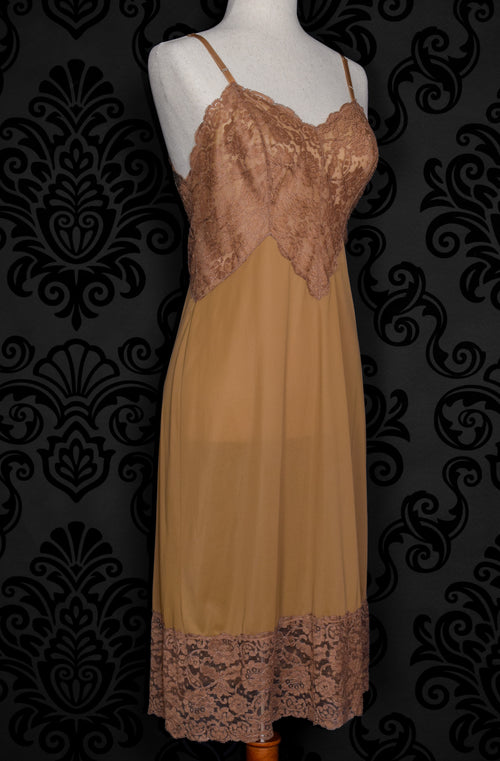 Vintage 50s Brown VANITY FAIR Nylon Lace Slip Dress - 36