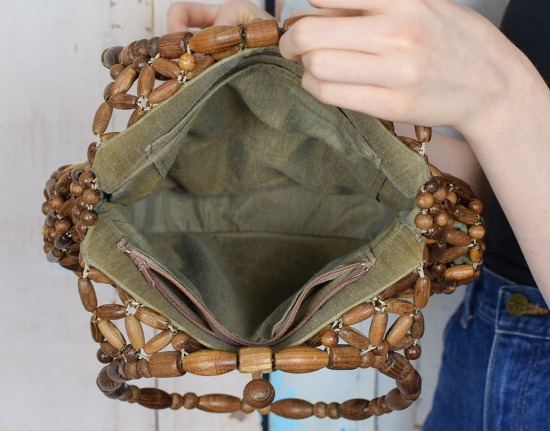 Vintage Brown Floral Wooden Beaded Handbag