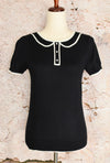 Black Knit ELLE Faux Collar Short Sleeve Shirt - XS