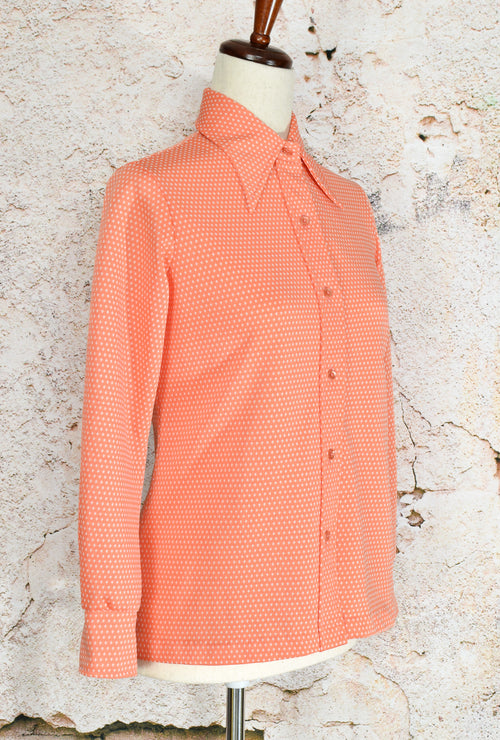 Vintage 70s Peachy Pink Polk-dot CATALINA SPORTSWEAR Long Sleeve Button Up Shirt - 12