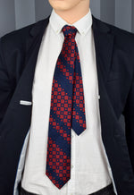 Vintage 60s Dark Blue & Red Geometric Textured Polyester Necktie