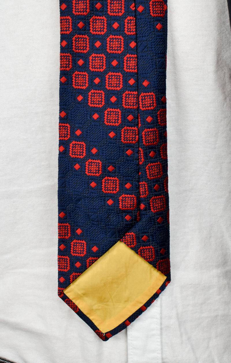 Vintage 60s Dark Blue & Red Geometric Textured Polyester Necktie