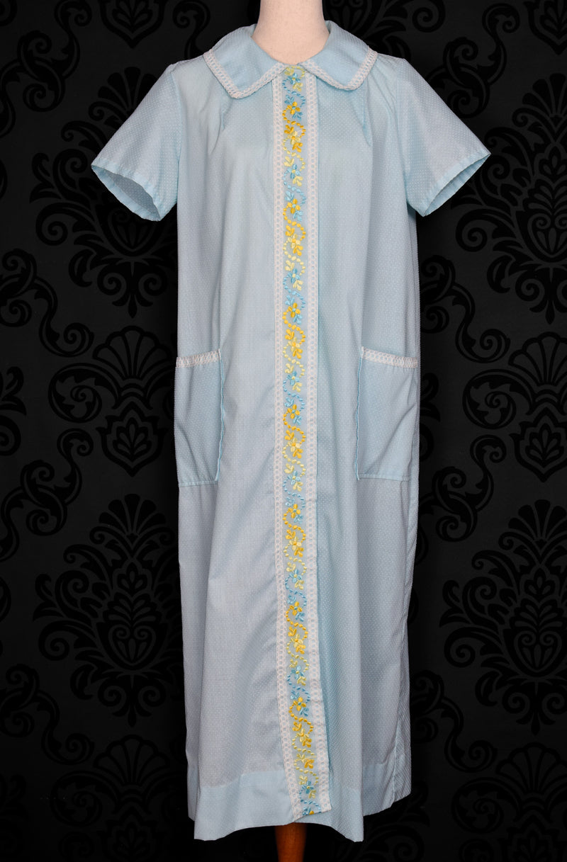 Vintage 80s Blue & White Polka-dot Short Sleeve Snap Button Nightgown - 16