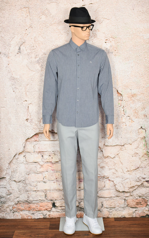 Men's Original Penguin Classic Fit Grey Striped Long Sleeve Button Up Shirt - M