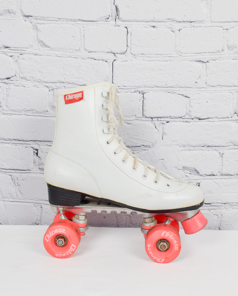 Vintage Chicago White Roller Skates w/ Original Wheels and Toe Stops