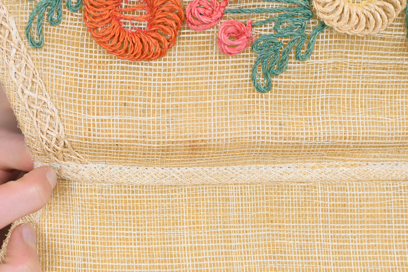 Vintage Straw Woven Clutch w/ Woven Flower Embellishments