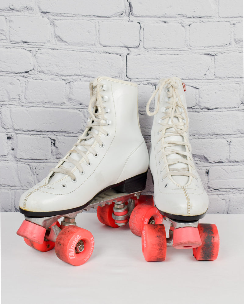 Vintage Chicago White Roller Skates w/ Original Wheels and Toe Stops