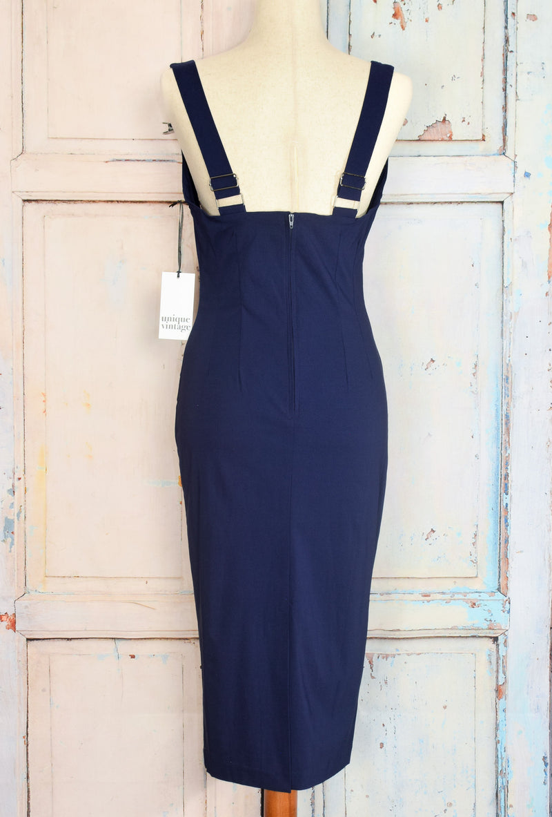 NWT - UNIQUE VINTAGE Navy Fontaine Suspender Pencil Skirt