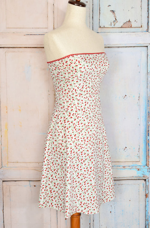 White Cherry Print VANITY Strapless Summer Dress - M