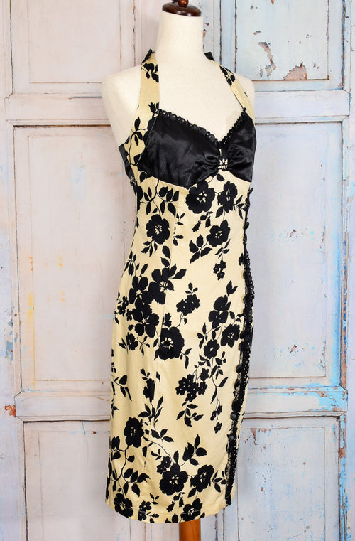 Cream & Black Floral VOODOO VIXEN Halter Rockabilly Dress - XL