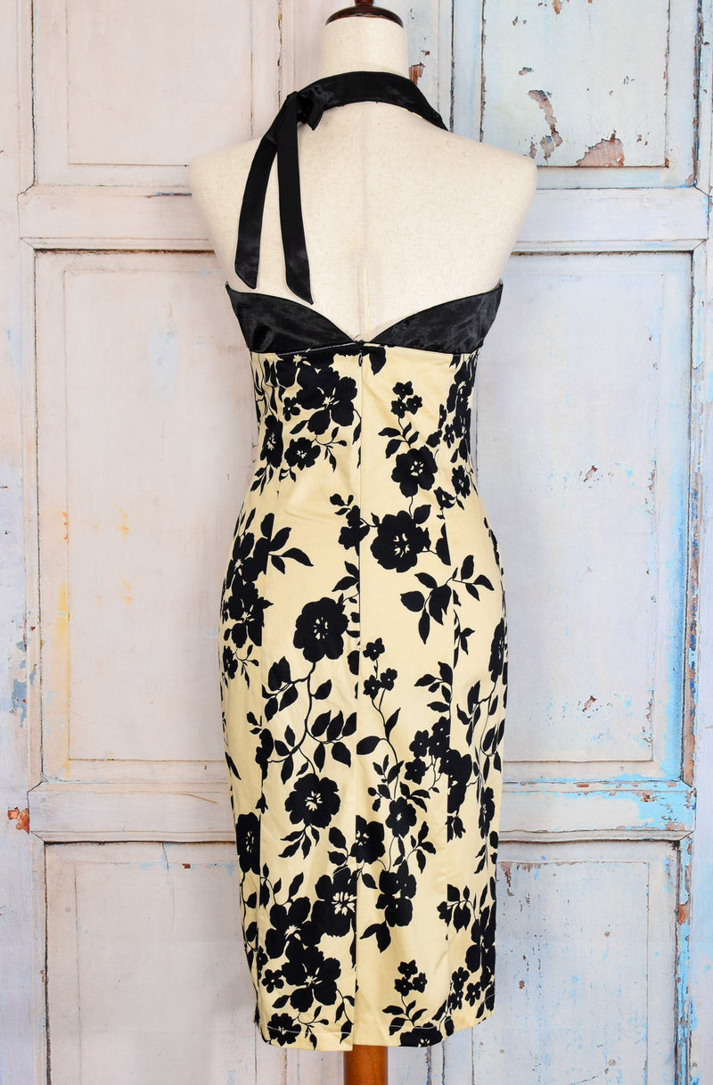 Cream & Black Floral VOODOO VIXEN Halter Rockabilly Dress - XL