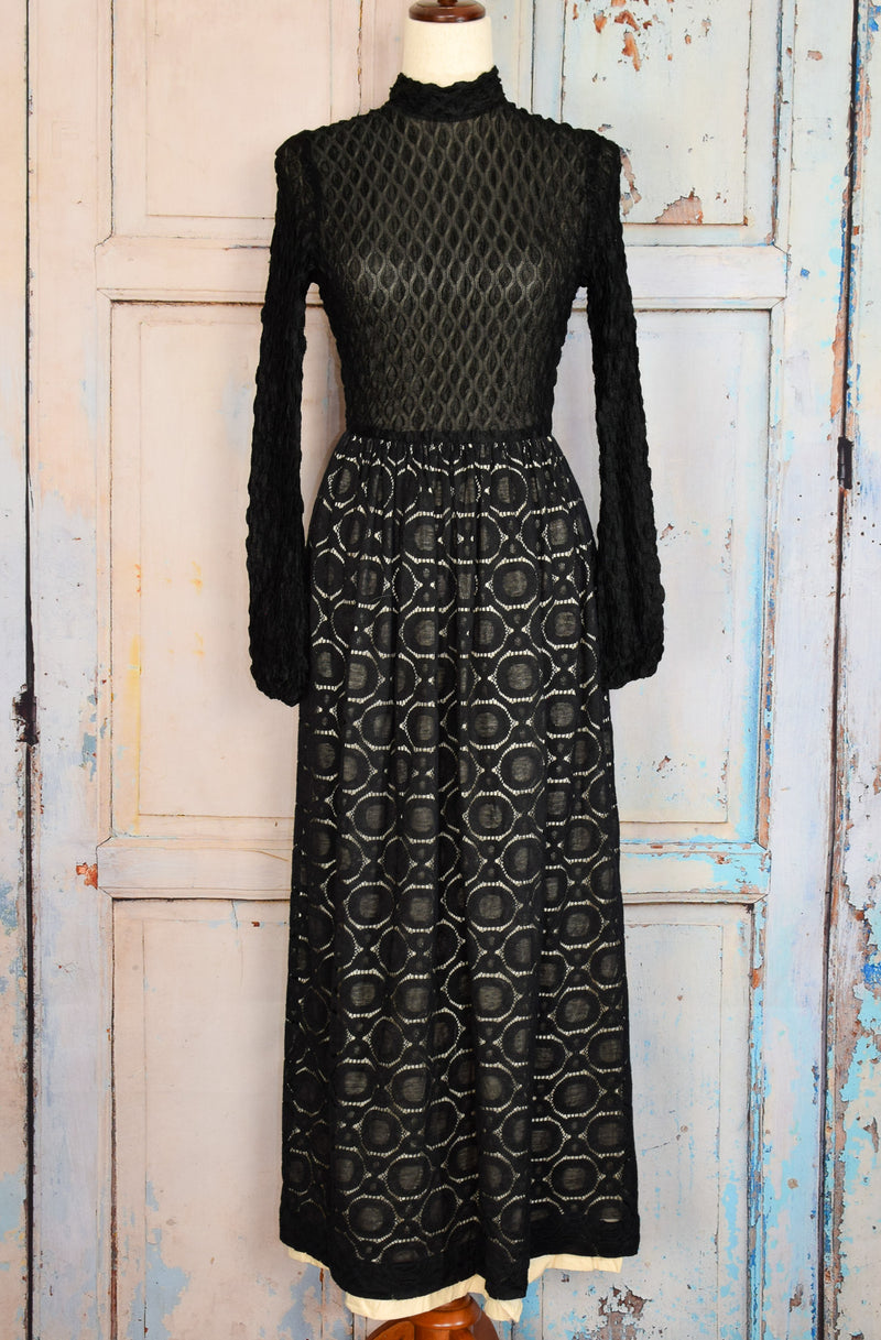 Rare - Vintage Black 70s YOUNG EDWARDIAN by ANPEJA Fit & Flare Long Sleeve Dress - 7