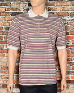 Vintage 90's Burgundy & Grey Striped VENTURE COLLECTION Short Sleeve Zip Polo