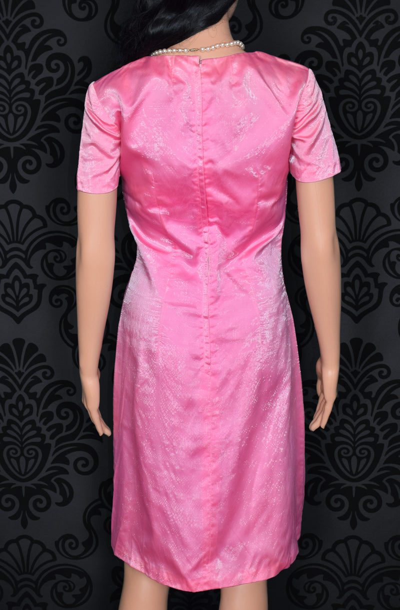 Vintage 50's Pink UNBRANDED Satin w/ Sheer Overlay Sheath Short Sleeve Cocktail Dress