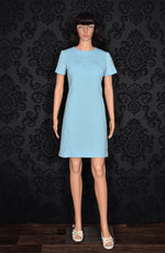 Vintage 60's Light Blue UNBRANDED Polka-dot Short Sleeve Polyester Shift Dress