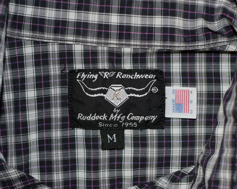 Vintage 90'S Black Plaid FLYING R RANCHWEAR by RUDDOCK Long Sleeve Snap Button Western Shirt - M