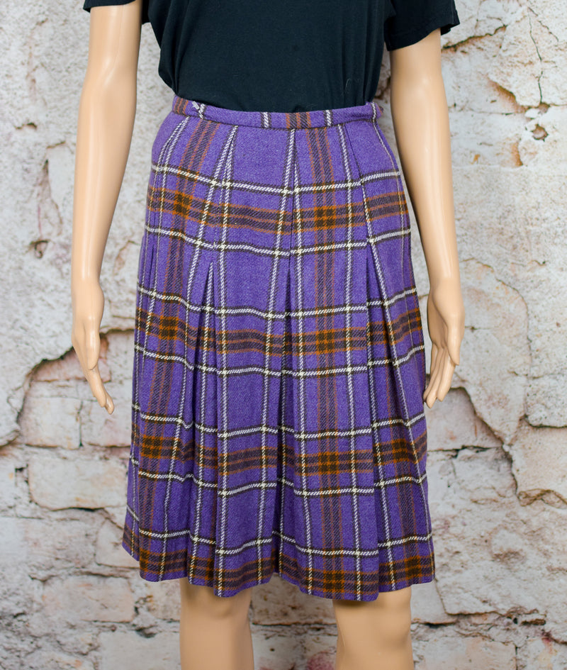 Vintage 70s Purple Plaid GARLAND Pleated Wool High Waisted Skirt